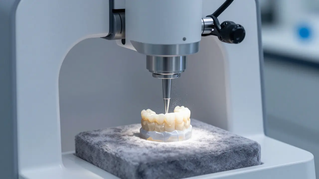 CAD/CAM stroj vyrábí keramickou zubní korunku
