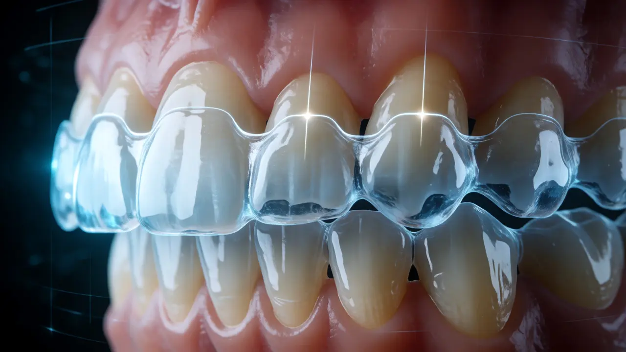Digitální model zubů s průsvitnou dlahou znázorňující tlak