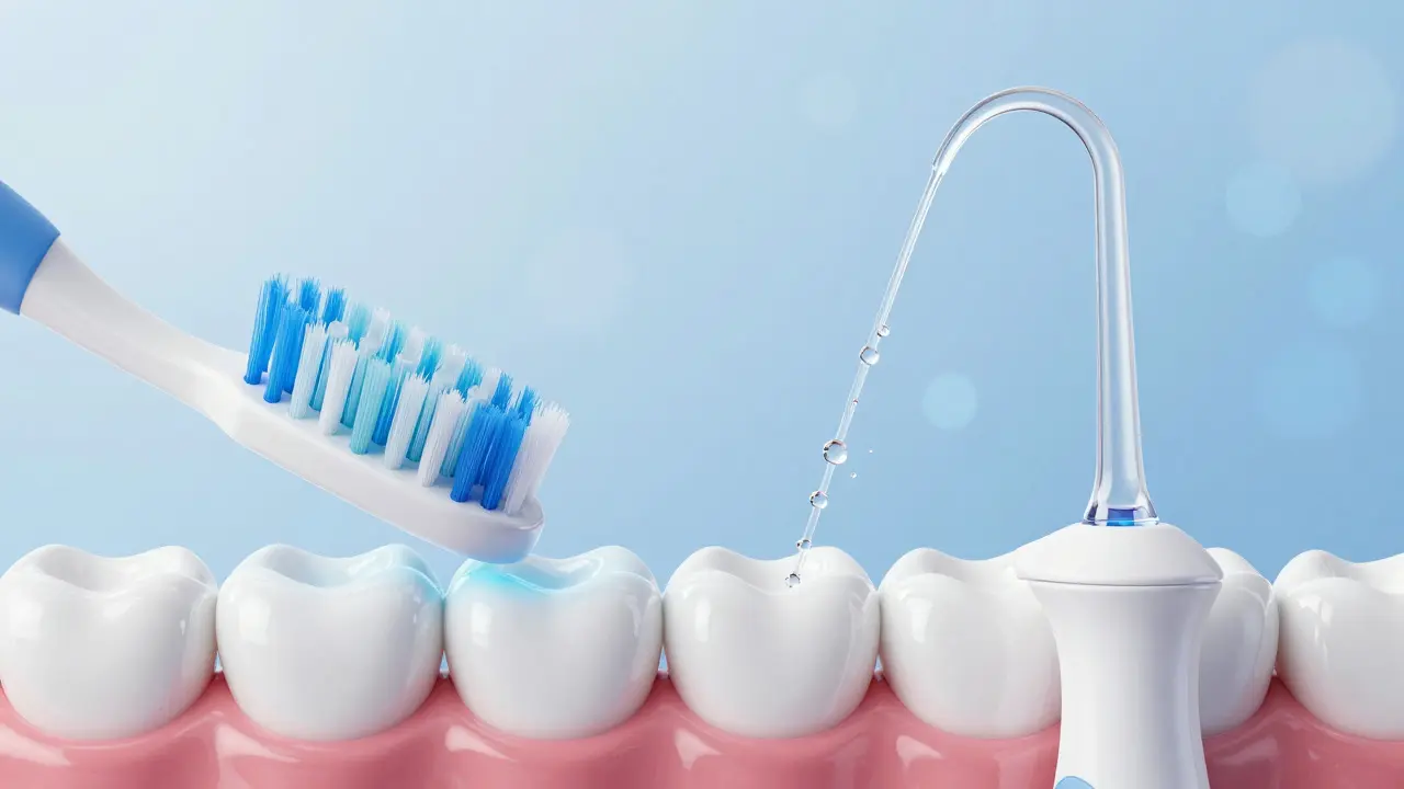 Jemný kartáček a zubařský irrigátor pro šetrnou hygienu zubů