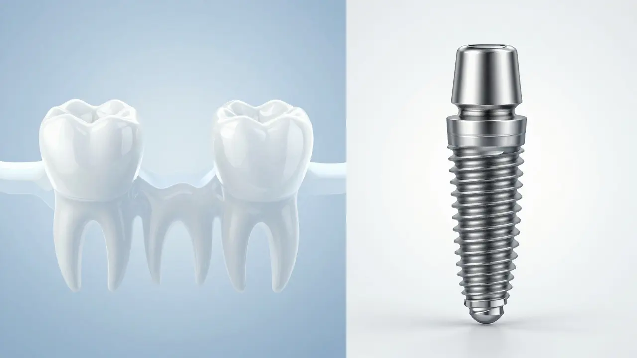Porovnání zubního můstku a implantátu v grafické podobě