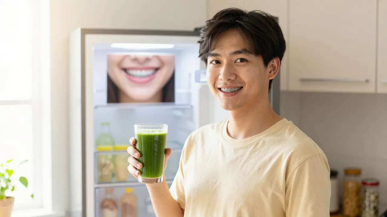 Úsměv s rovnátky při pití smoothie v osluněné kuchyni.