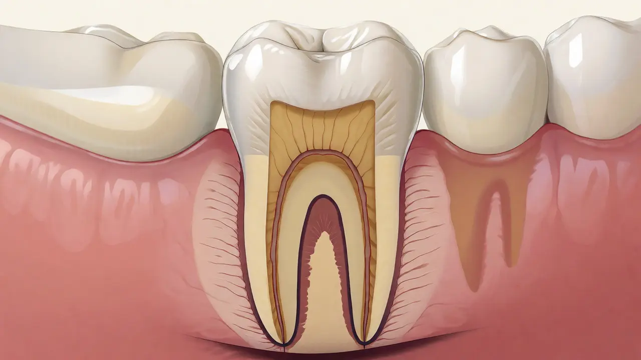 Anatomický řez zubem ukazující vrstvy skloviny a dentinu