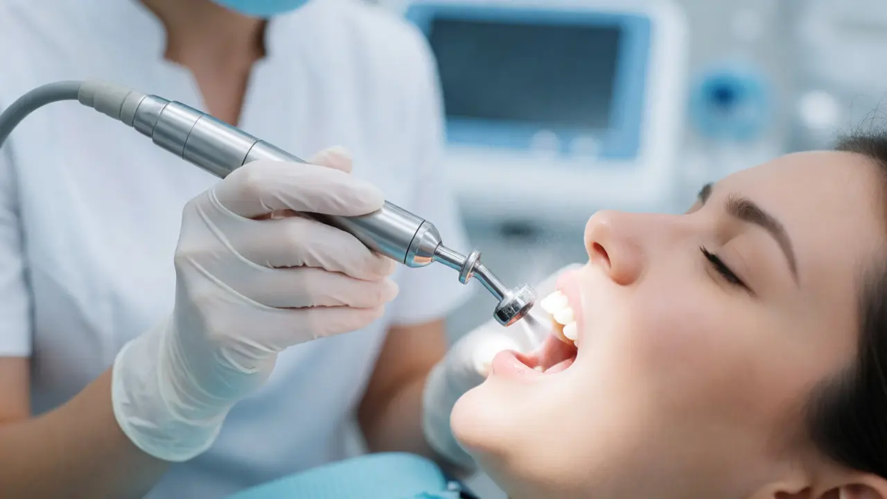Dentální hygienistka odstraňuje kámen ultrazvukovým skalérem v ordinaci