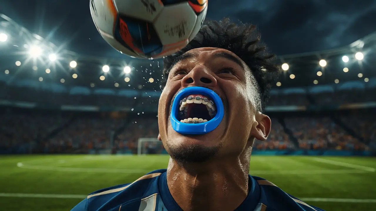 Fotbalista s chráničem zubů kryjícím rovnátka při hlavičce míče.