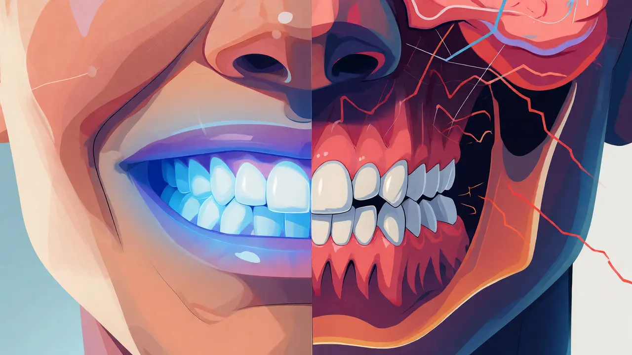 Konceptuální ilustrace propojující postavení zubů s psychikou