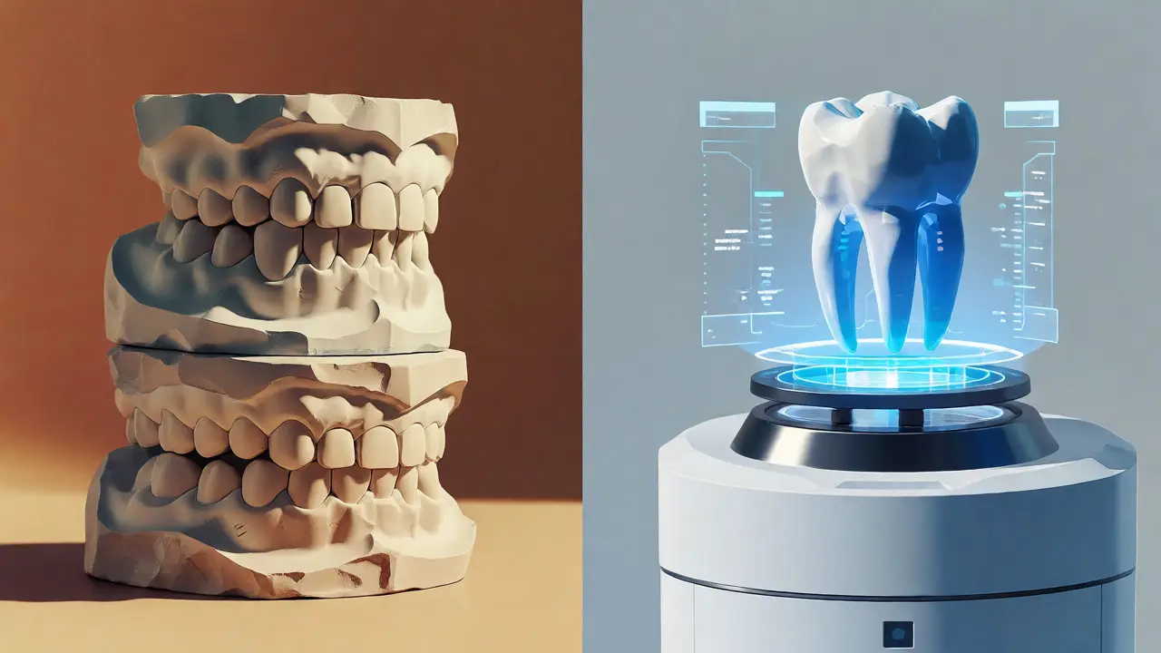 Konceptuální rozdělení obrazu mezi tradiční výrobu korunky a rychlou digitální cestu pomocí CAD/CAM.