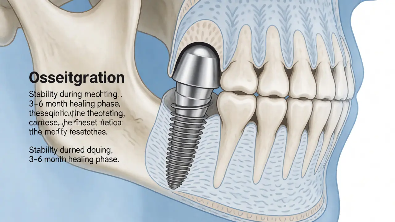 Lékařská ilustrace srůstání kosti s zubním implantátem