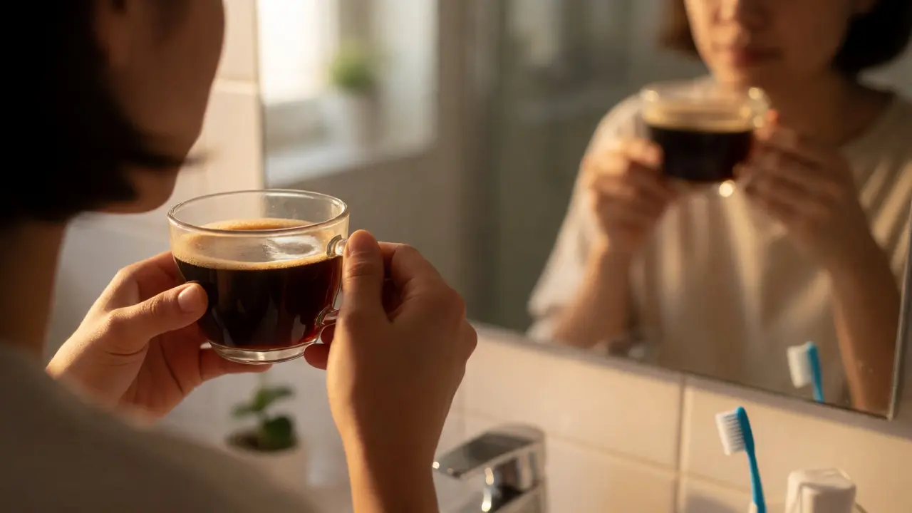 Osoba s kávou zvažující vliv nápojů na zabarvení zubů