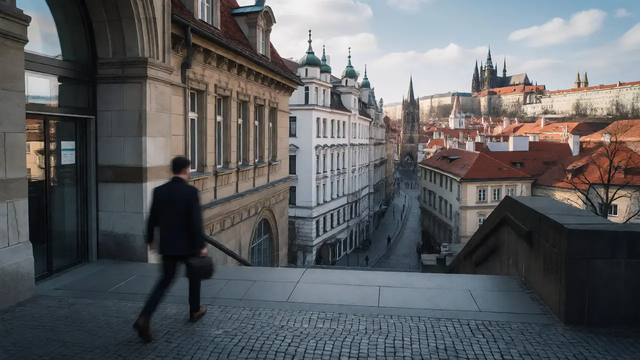 Pohled na ulice Prahy s historickou architekturou a chodci