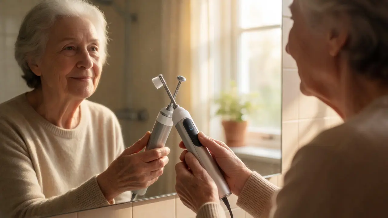 Senior s artritidou používá ultrasonický čistič zubů pro snadnou hygienu