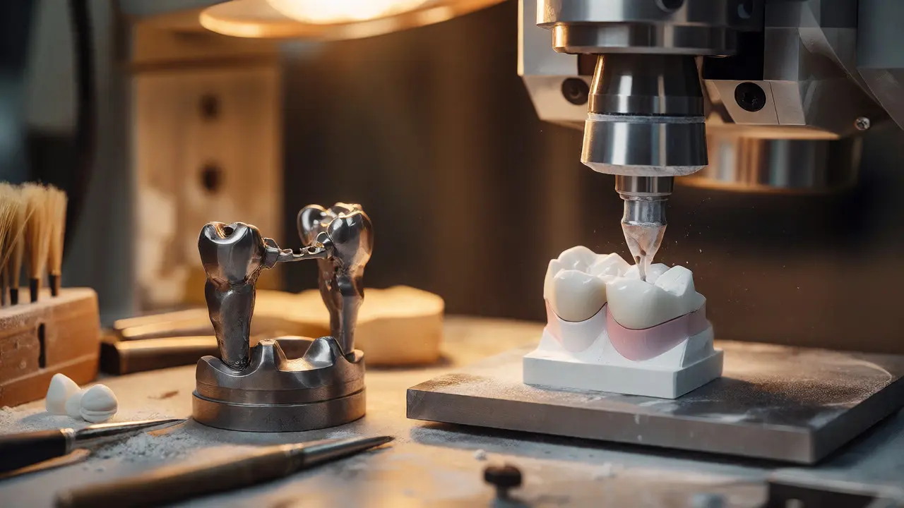Srovnání klasické ruční práce s porcelánem a digitálního frézování keramického onlaye v laboratoři.