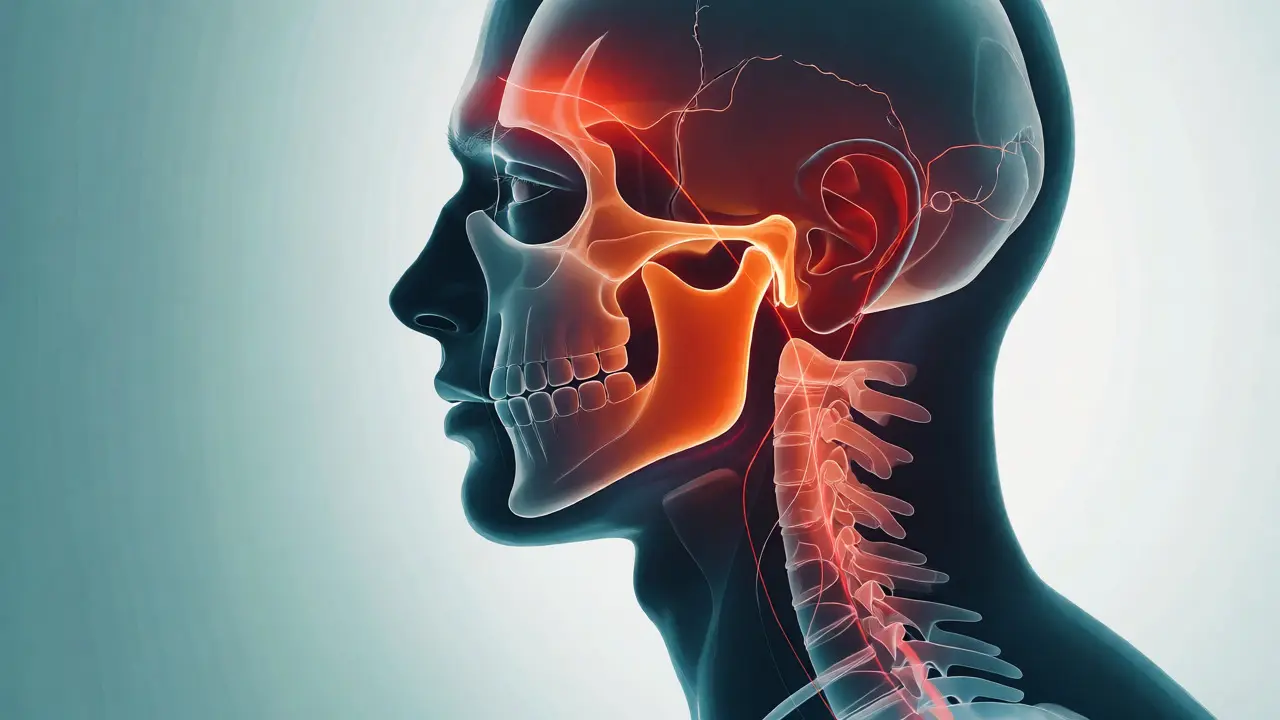 Anatomické znázornění propojení čelistního kloubu s bolestmi hlavy