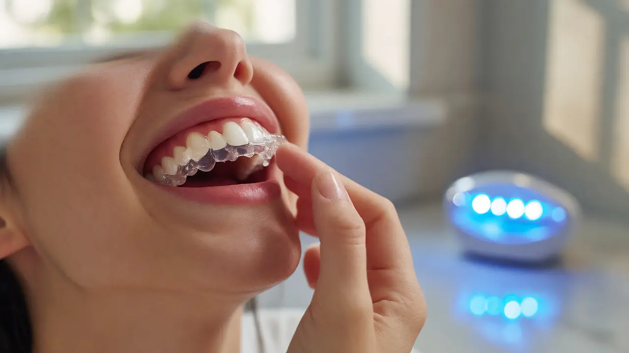 Aplikace bělicího gelu na zuby s LED světlem v pozadí