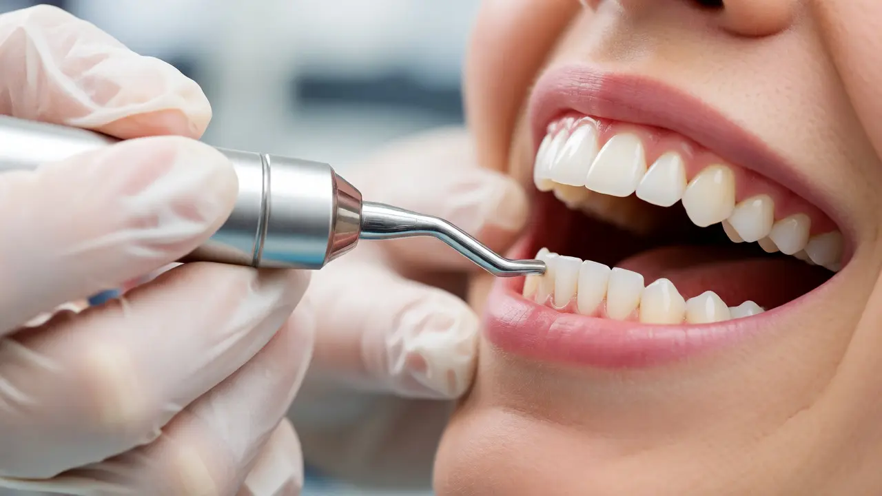Dentální hygienistka odstraňuje zubní kámen ultrazvukem