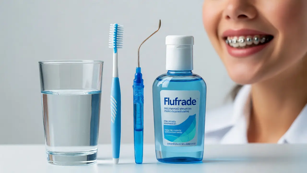 Hygienické pomůcky pro čištění zubů s rovnátky, včetně mezizubního kartáčku.