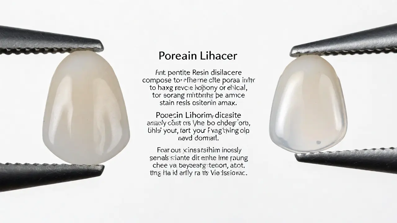 Porovnání kompozitní a porcelánové zubní facety v ruce