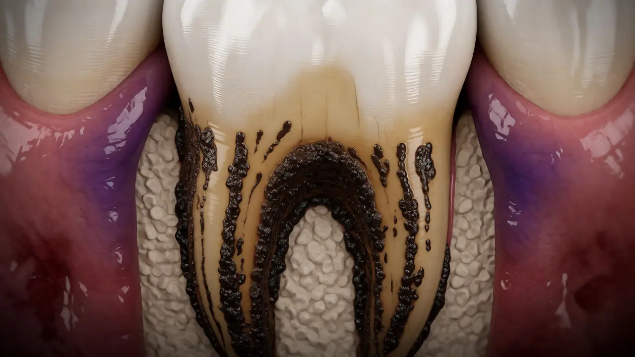 Řez zubem ukazující tmavý kámen pod dásní a úbytek kosti