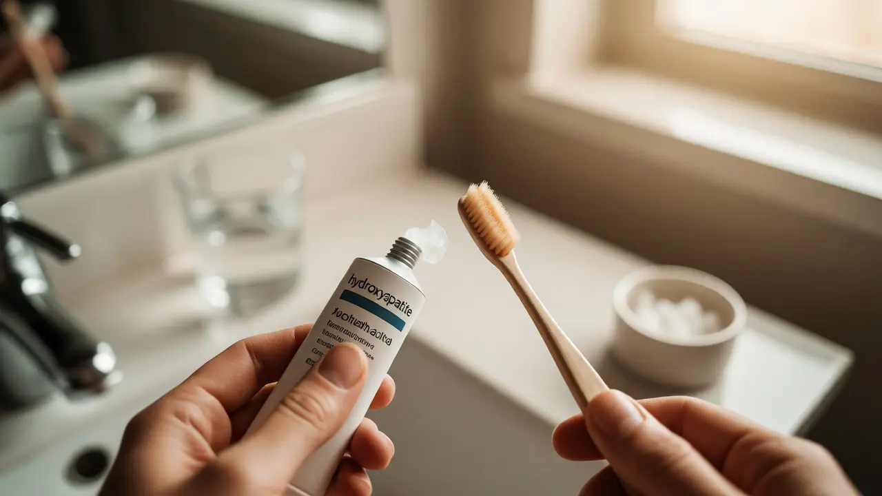 Ruka připravující zubní pastu s hydroxyapatitem pro regeneraci skloviny.