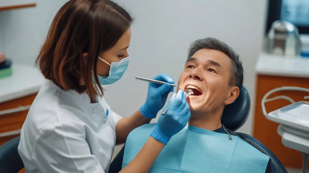 Zubařka provádí diagnostiku zubů pacienta v moderní ordinaci.