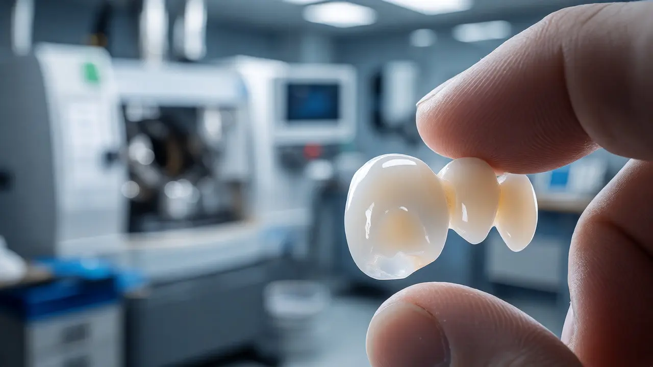 Zubní technik zkoumá kvalitu zirkonové korunky v laboratoři